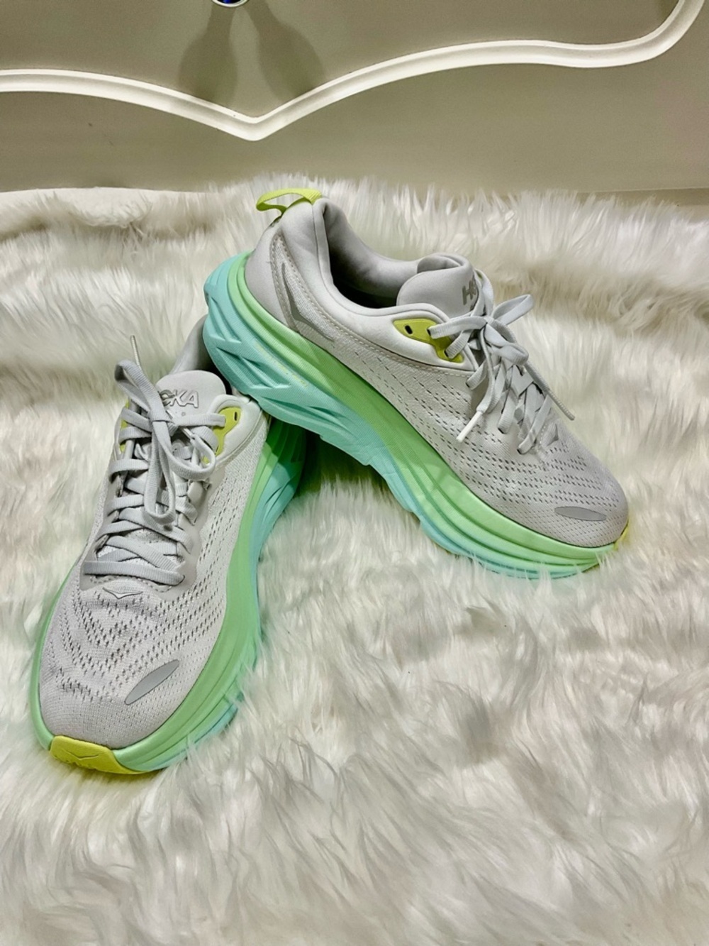 Hoka Women's White and Mint Green Cushioned Running Sneakers